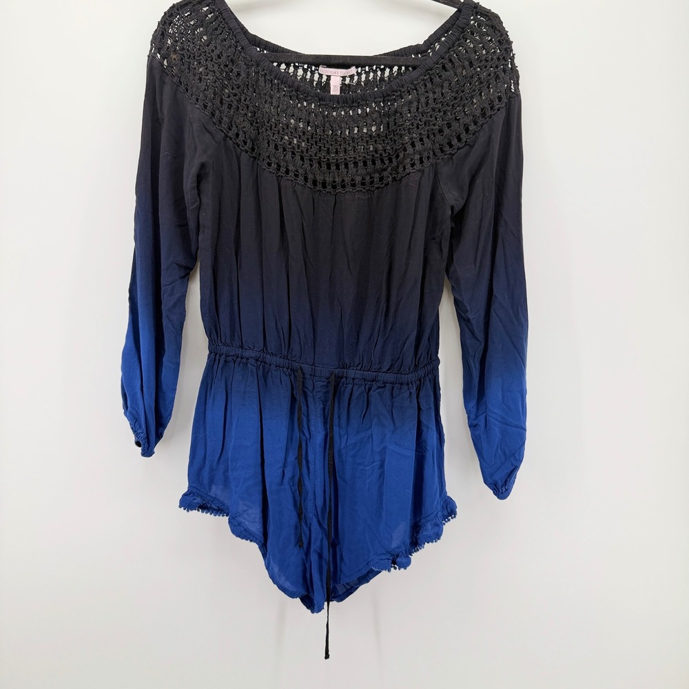 Victorias Secret Ombre Crochet Neck Long Sleeve Romper Blue Black XS